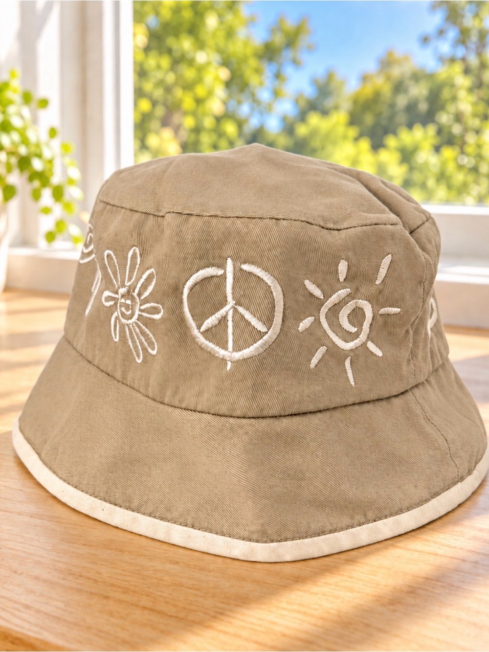 Disney Cotton Khaki Embroidered Bucket Hat Flowers Peace Sign Sun
